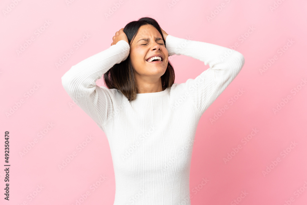 Caucasian girl isolated on pink background stressed overwhelmed Caucasian girl isolated on pink background stressed overwhelmed
