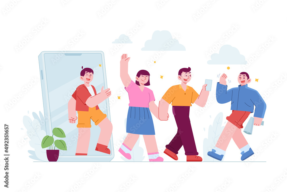 Fototapeta premium Refer a friend template concept vector Illustration idea for landing page template, suggestion marketing attraction method, friendship promotion sharing product offer discount. Hand drawn Flat
