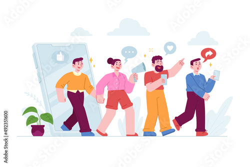 Refer a friend template concept vector Illustration idea for landing page template, suggestion marketing attraction method, friendship promotion sharing product offer discount.  Hand drawn Flat 