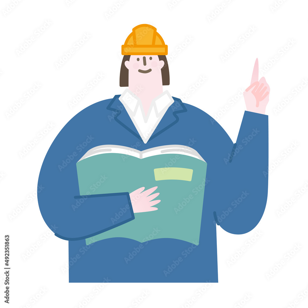 A woman wearing a helmet who talks about the point. She has a book.