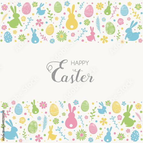 Happy Easter. Colourful eggs  bunnies and flowers on white background. Vector