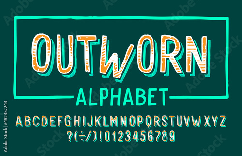 Outworn alphabet font. Hand drawn rough letters and numbers. Stock vector typescript for your typography design.