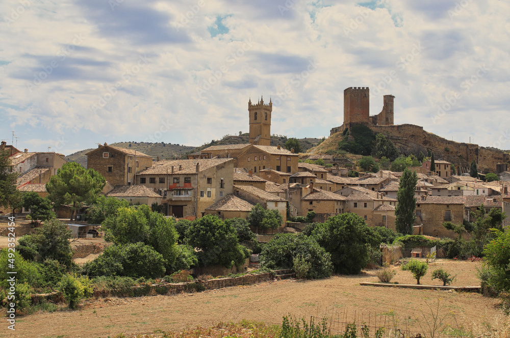 View of the medieval village of Uncastillo an its romanesque castle. Zaragoza, Aragón, Spain