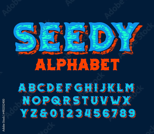 Seedy alphabet font. Hand drawn messy letters and numbers. Stock vector typescript for your typography design.