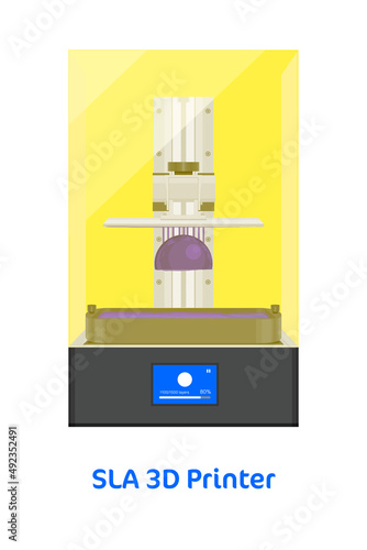 SLA 3D printer DLP LCD stereolithography printing creating polymer plastic model. Vector illustration icon isolated on white background 