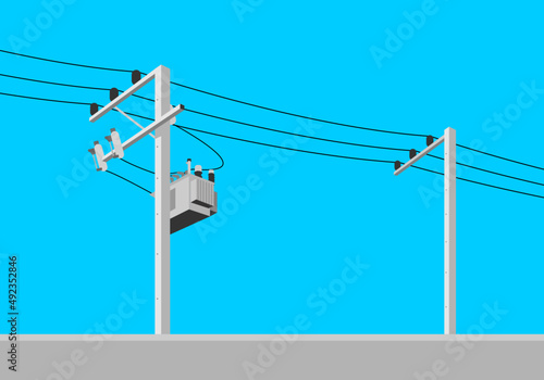 Cement high voltage electric pole power with transformer and drop fuse on blue sky background flat vector design.