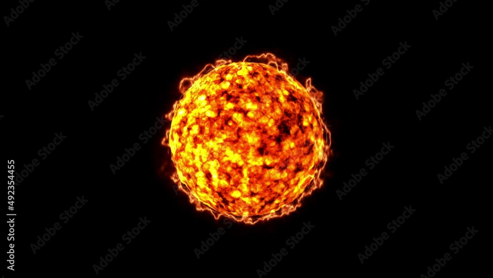 Burning sphere with plasma ring on black background. Red and orange fire magical orb. 3D rendering. High quality 4k footage
