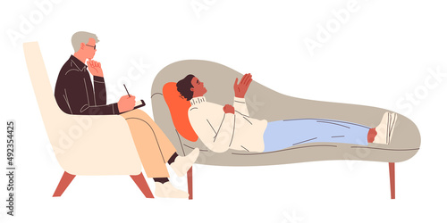 Psychoanalysis. The client lies on the couch, the analyst sits and listens