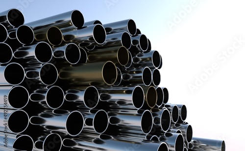 High quality Galvanized steel pipe or Aluminum and chrome stainless pipes in stack waiting for shipment in warehouse