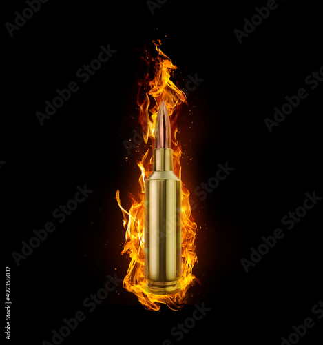 Bullet, on fire on black background. 3d render