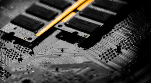 Slika na platnu Macro Close up of computer RAM chip and motherboard