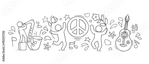 Peace symbol and happy people with flowers