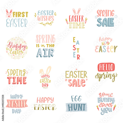 A set of handwritten phrases and quotes on the theme of Easter  Spring. Hand lettering for the design of greeting cards  social media  gift tags. Pastel colored vector illustration isolated on white.