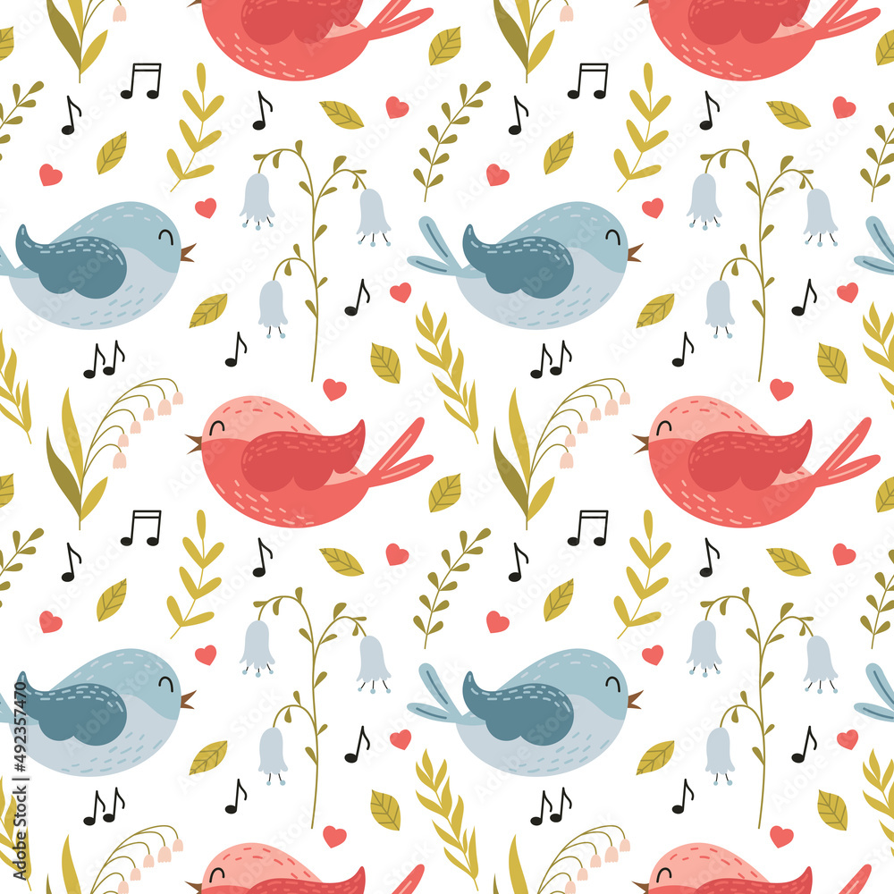 Seamless pattern with cute cartoon flying singing birds and spring flowers, lily of the valley, bluebell, herbs and twigs. For baby textiles. Color vector illustration on a white background. Seamless pattern with cute cartoon flying singing birds and spring flowers, lily of the valley, bluebell, herbs and twigs. For baby textiles. Color vector illustration on a white background.