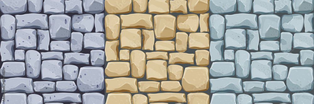Set stone wall from bricks, rock, game background in cartoon style, seamless textured surface. Collection Ui game asset, road or floor material