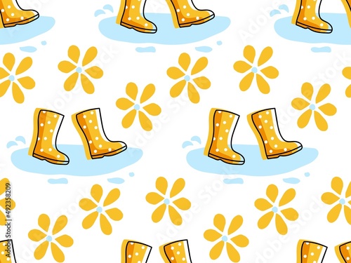 Spring Rainy weather. Seamless pattern with Bright yellow boots walking in puddle. Yellow spring flower fields. Polka dot yellow shoe. Repeated Vector illustration for wallpaper, textile, packaging.