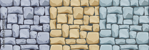 Set stone wall from bricks, rock, game background in cartoon style, seamless textured surface. Collection Ui game asset, road or floor material