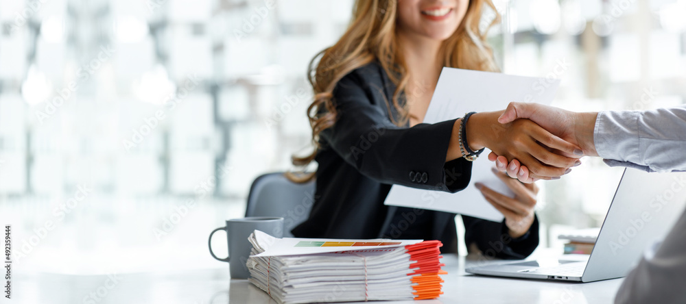 Business woman offer and give hand for handshake in office. Successful job interview. Apply for loan in bank. Salesman, bank worker or lawyer shake for deal, agreement or sale. Increase of salary. - obrazy, fototapety, plakaty 