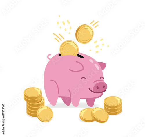 Pink piggy bank and gold coins. Saving money, business concept vector illustration