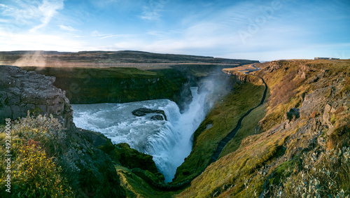 Top view of magestic gullfoss waterfall wide panorama photo