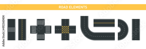 Road segments, parts set. Highway elements, way constructor. Urban crosswalk, road and crossroads. Vector