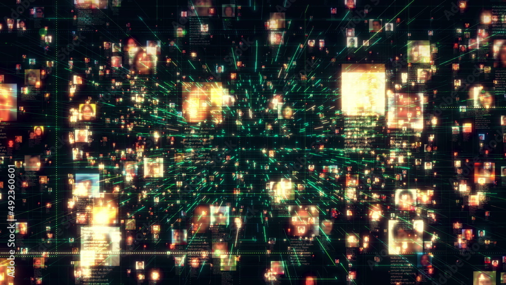 Social network as a flood of bright unrecognizable people portraits moving along green network grid and data connections. Business, technology, communications or social media motion background. 3D Social network as a flood of bright unrecognizable people portraits moving along green network grid and data connections. Business, technology, communications or social media motion background. 3D
