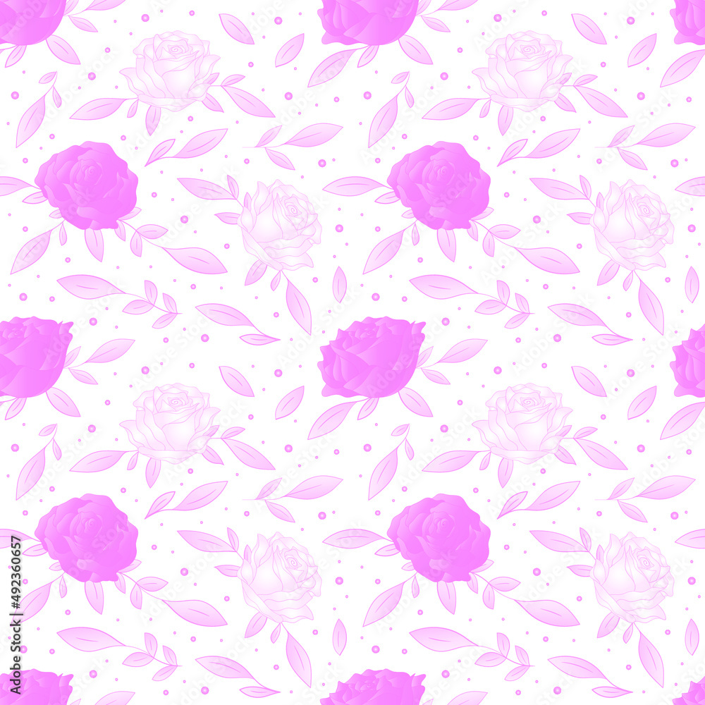 Pink roses seamless pattern on white background. Vector illustration.