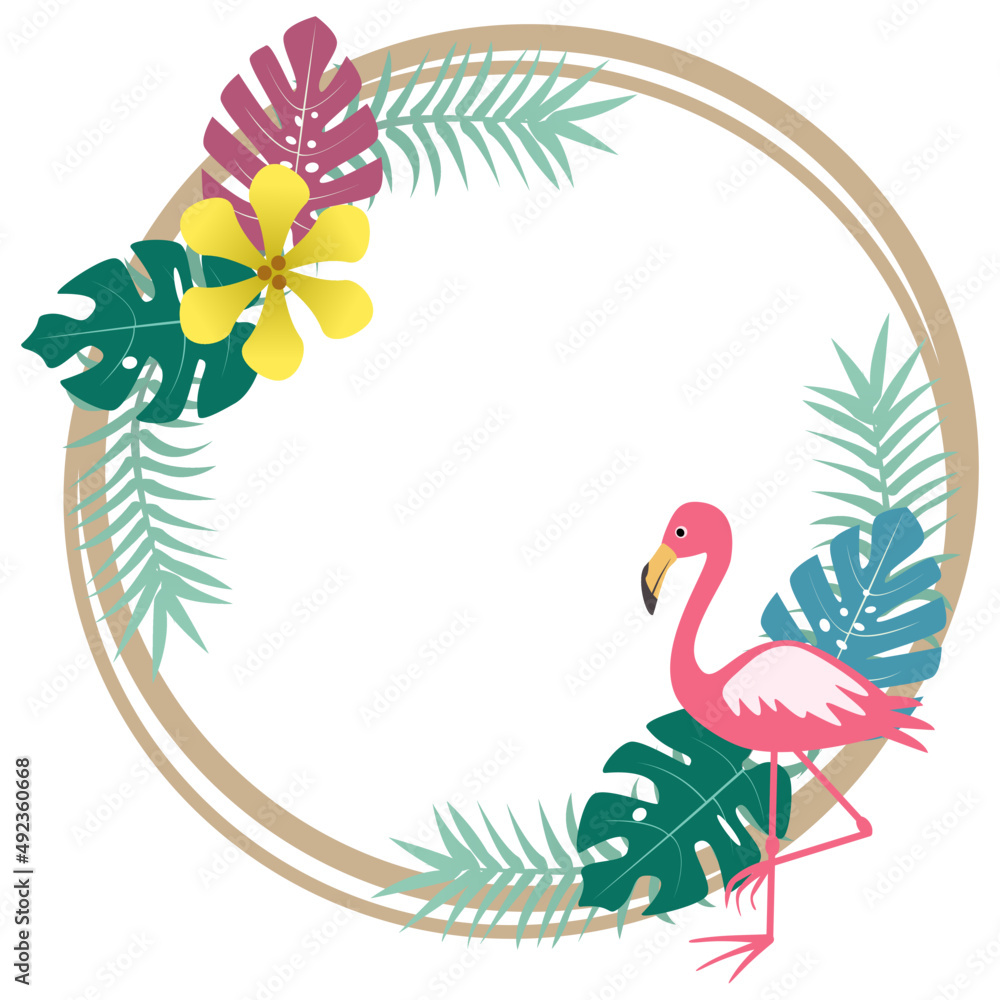 Naklejka premium Tropical frame leaf with flamingo vector.