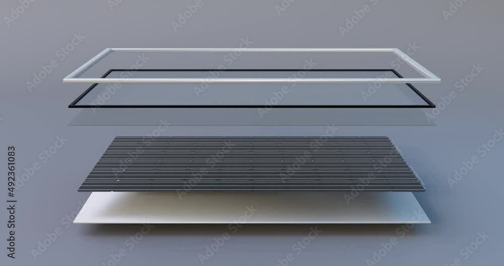 3d animation of the composition of the solar battery side view Frame, protective glass, film, silicon elements, contacts. Green energy, eco-friendly house, energy from solar panels, systems 3d animation of the composition of the solar battery side view Frame, protective glass, film, silicon elements, contacts. Green energy, eco-friendly house, energy from solar panels, systems