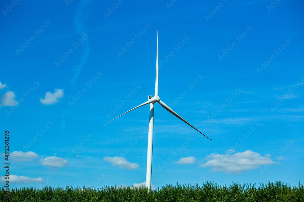 View of wind turbines. White clouds and blues sky. Beautiful summer day.. View of wind turbines. White clouds and blues sky. Beautiful summer day..