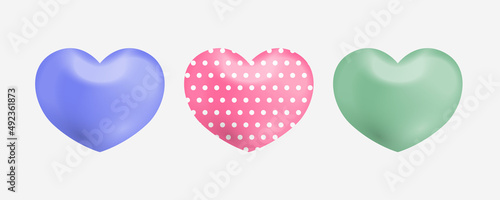 Set of isolated 3d multicolor hearts. Collection Realistic decoration Hearts Love symbol icon. Soft color, glossy with pattern. Celebration decor. Element for romantic design. Vector illustration