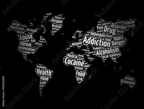 Addiction - brain disorder characterized by compulsive engagement in rewarding stimuli despite adverse consequences, word cloud in shape of world map