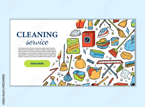 Hand drawn design visiting card for cleaning service. Clean Tools Banner Hand drawn Doodle style. Illustration for visiting, business card template, banner.