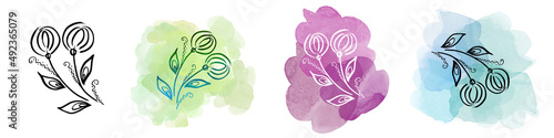 Set flower and leave on watercolor blot. Provence illustration. Dandelion flower. Set on white background