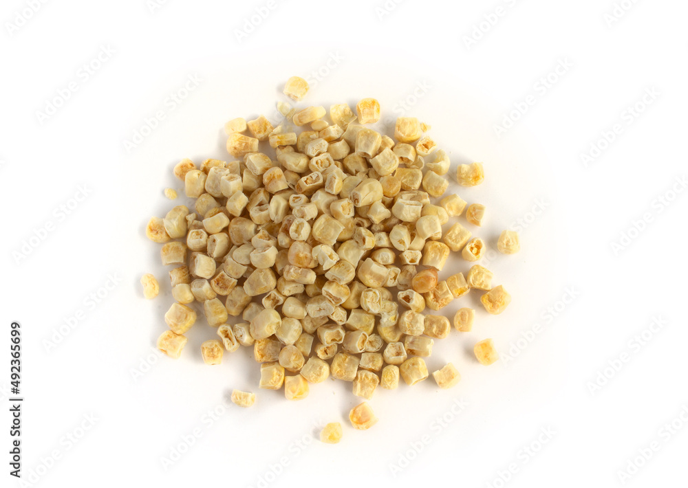 Freeze Dried Sweet Corn in Pile or Heap in Top Down or Flat Lay Shot Isolated on White Freeze Dried Sweet Corn in Pile or Heap in Top Down or Flat Lay Shot Isolated on White