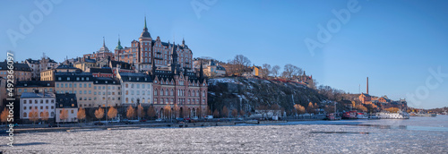 Old houses in shadow at the block Bastugatan in the district Södermalm a sunny winter day in Stockholm