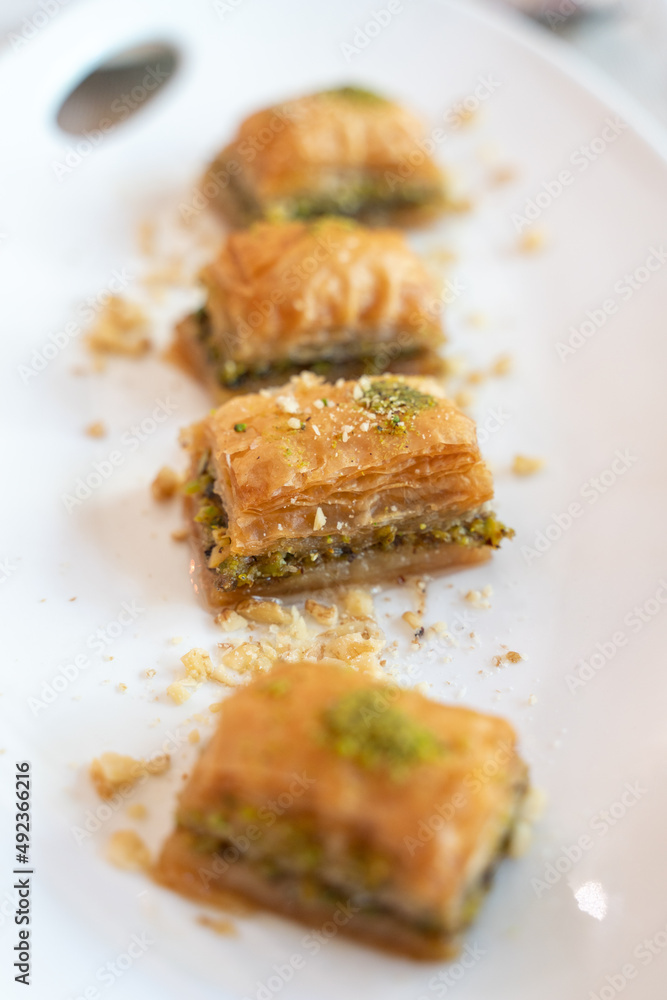 Turkish baklava on a white plate Turkish baklava on a white plate