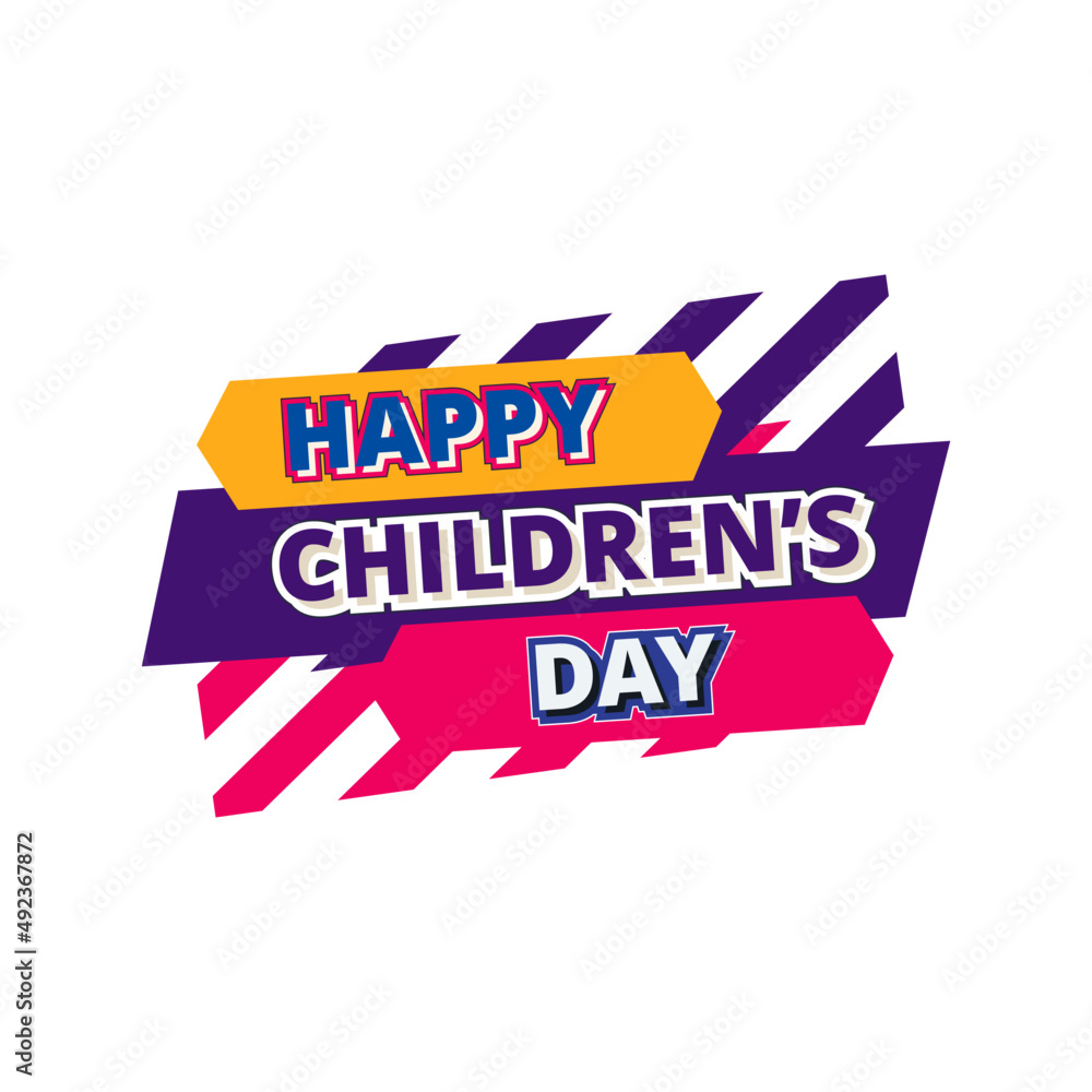 happy children's day yellow purple red flat label