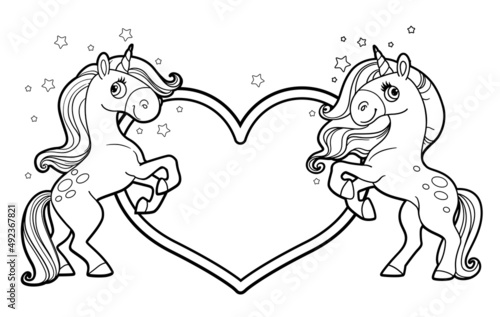 Two magical unicorns stand on their hind legs near the heart postcard  outlined picture for coloring book