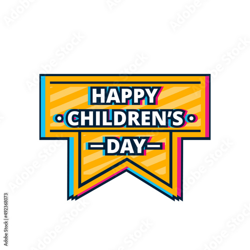 happy children's day white yellow pink flat label