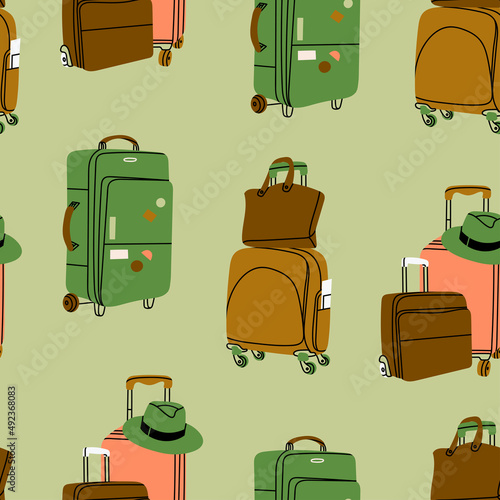 Various luggage bags, suitcases, baggage, travel bags. Vacation, travel, holiday concept. Modern colored illustration. Hand drawn Vector seamless Pattern. Square background, wallpaper