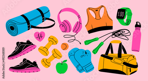 Various Sport equipment. Fitness inventory, gym accessories. Dumbbells, fitness tracker, headphones, bottle, jump rope, shoes, mat, boxing gloves. Healthy lifestyle concept. Hand drawn Vector set