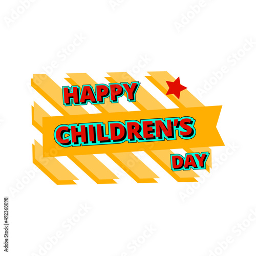 happy children's day red yellow green flat label