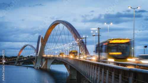 Traffic on JK Bridge at dusk in Brasilia, Federal District, capital of Brazil.