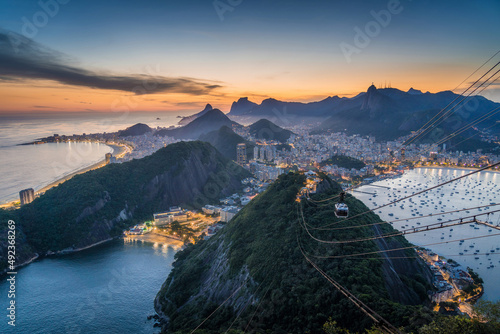 Canvas Print Rio de Janeiro cityscape with famous Sugarloaf Cable Car at sunset in Rio de Janeiro, Brazil