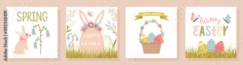 A set of Easter greeting cards in a cute cartoon style with handwritten inscriptions. Hand lettering, flowers, eggs, bunnies, basket with decorated eggs, grass. Square vector illustrations on white.