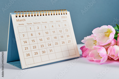 March calendar and flower bouquet, Hello spring concept, International woman day greating card