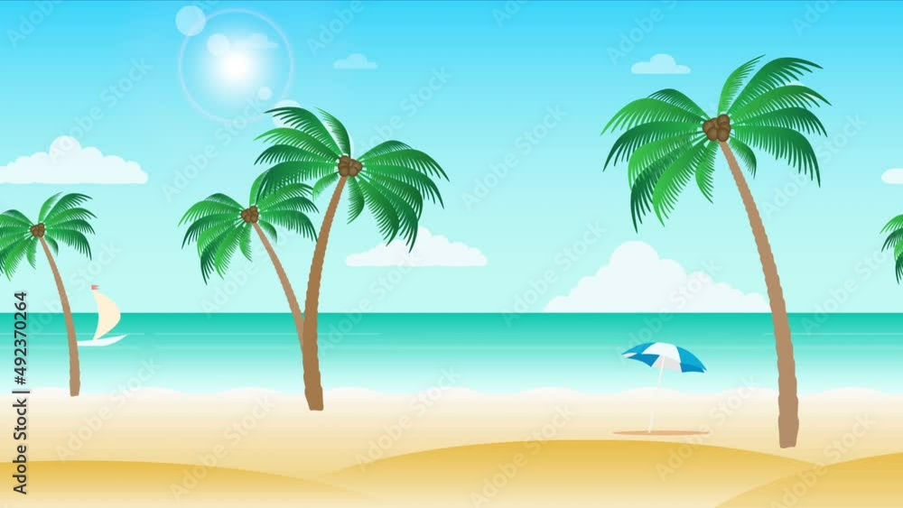 Beautiful beach landscape animation with palm trees - moving along sea side view. Seamless loopable background. Beautiful beach landscape animation with palm trees - moving along sea side view. Seamless loopable background.