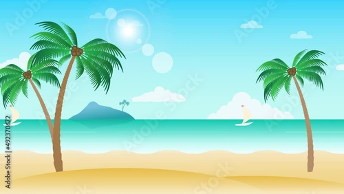 Beautiful beach landscape animation with palm trees - boat moving along sea. Seamless loopable background.