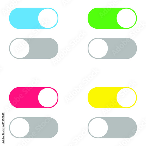 On Off switcher isolated on white background. Vector illustration. Collection of on and off buttons. Slider buttons. Vector illustration. colorful

